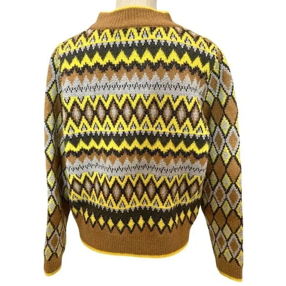 Zara Knit Geometric Diamond & Chevron Pattern Sweater Yellow/Brown L - Picture 4 of 5